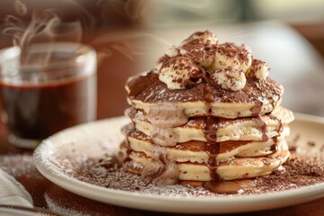 A delightful tower of pancakes sitting elegantly on a plate, delicately dusted with a generous amount of powdered sugar