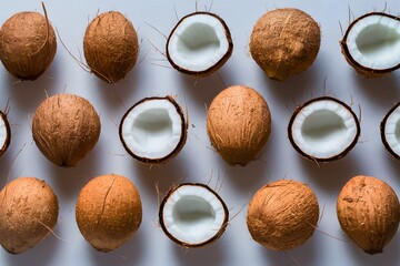 Whole and halved coconuts isolated on white background