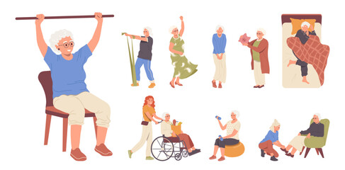 Elderly woman cartoon characters rehabilitation, physical activities, and sport, hobby occupation