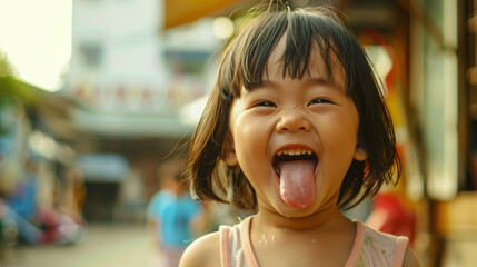 happy asian girl sticking tongue out - obrazy, fototapety, plakaty