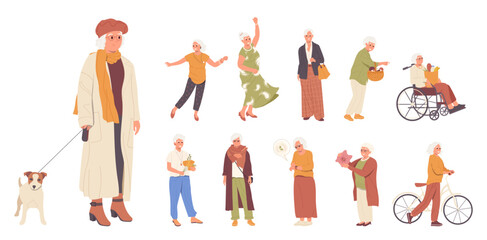 Casual elderly woman cartoon characters big set attractive grandmother lifestyle vector illustration