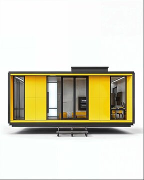 a small yellow and black mobile home with sliding doors on wheels, designed in the style of frank gerryman, 3d render, architectural rendering, modernist design,  industrial interior design