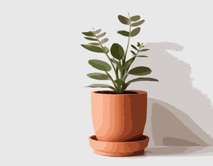 Pot de fleur de terre cuite avec le sol et jeune plante, illustration vectorielle d'isolement sur fond blanc - obrazy, fototapety, plakaty