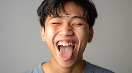 happy asian man sticking tongue out - obrazy, fototapety, plakaty