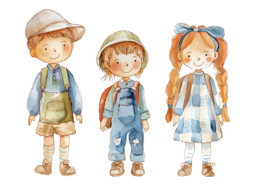 Set of watercolor children in full growth. Vector girl and two boys schoolchildren