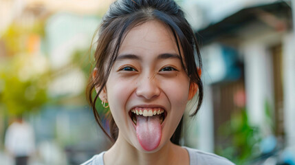 happy asian woman sticking tongue out - Powered by Adobe