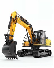 3D render of yellow and black excavator on white background, high resolution, high quality, high detail, professional photograph, product photography, hyper realistic, super detailed 