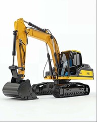 3D render of yellow and black excavator on white background, high resolution, high quality, high detail, professional photograph, product photography, hyper realistic, super detailed 