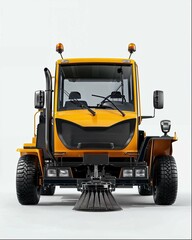 Obraz na płótnie Canvas Photorealistic rendering of a heavy road cleaning machine for snow, front view, yellow color with black details, white background, hyperrealistic rendering in the style of octane render