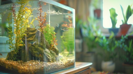 Aquarium with fish in cozy room interior. Background concept