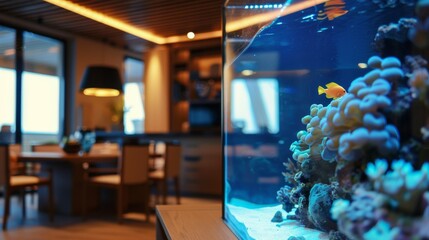 Aquarium with fish in cozy room interior. Background concept