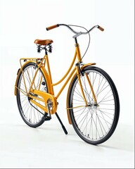  yellow bicycle with black wheels and an elegant leather seat, resting on its side against the...