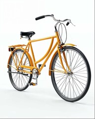  yellow bicycle with black wheels and an elegant leather seat, resting on its side against the white background. The bike is equipped with retro-style fendering for protection from weather elements
