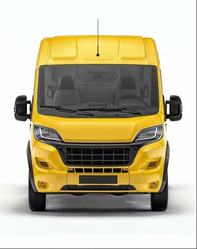 front view of yellow campervan on white background, photorealistic product photography,