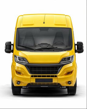 front view of yellow campervan on white background, photorealistic product photography,