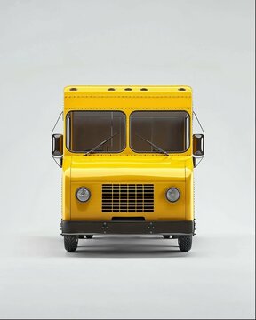 A yellow food delivery truck, front view, with a simple background, in a white background, for product photography, with studio lighting, at a high resolution