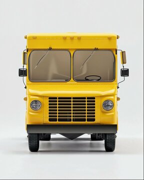 A yellow food delivery truck, front view, with a simple background, in a white background, for product photography, with studio lighting, at a high resolution