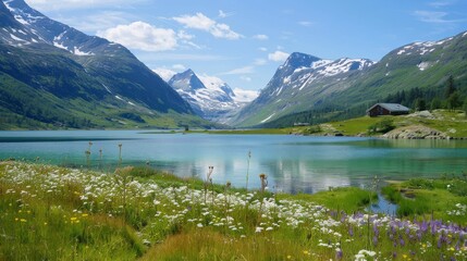 a lake in the middle of a mountain range with flowers in the foreground and snow capped mountains in the background.