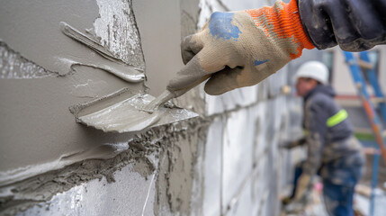 Construction Worker Applying Cement Plaster on Wall. Manual Plastering of Concrete Wall at Construction Site