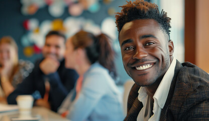 Engaged Businessman in Team Meeting. Smiling African American businessman with colleagues in...