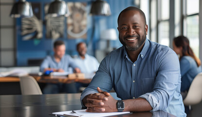 Confident Business Leader. Smiling African American businessman sitting at a conference table, his confidence and leadership qualities shining through in a corporate setting.