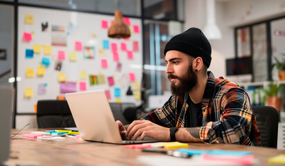 Focused Creative in Brainstorming Space. Young man with beard and cap working intently at a laptop in a creative workspace.