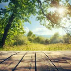 Tidy rustic wooden boards in the foreground, blurred lush trees in the background are a refreshing backdrop.
