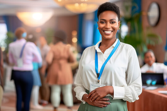 Professional Conference Attendee. A radiant black woman in professional attire, with a conference badge, smiles confidently at a networking event, embodying success and approachability