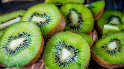 a pile of sliced kiwis sitting on top of each other on top of a wooden table next to other kiwis.