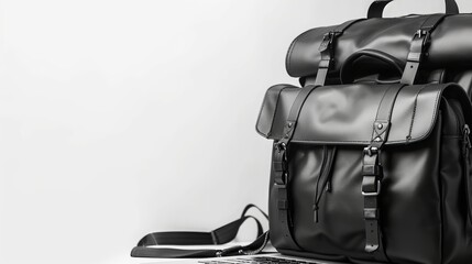 An image of a laptop and black backpacks close up on a white background - obrazy, fototapety, plakaty