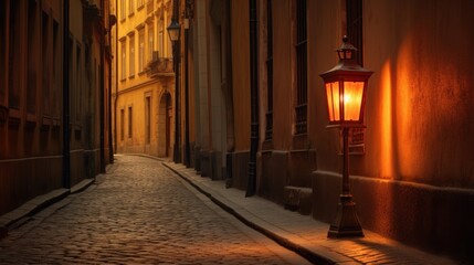 A lantern, affixed to a structure, casting a glow on a deserted Kraków alley. - obrazy, fototapety, plakaty