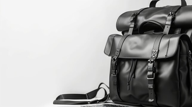 An image of a laptop and black backpacks close up on a white background
