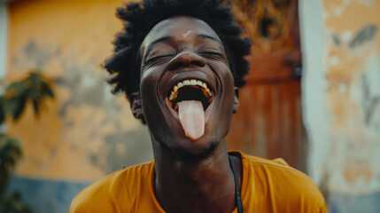 happy black man sticking tongue out - obrazy, fototapety, plakaty