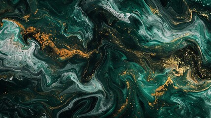 Fototapeta na wymiar Dark green waves mimic an abstract ocean with golden foamy crests in an acrylic fluid art technique, offering a marbled effect background