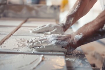 Fototapeta premium Close-up of worker's hands installing ceramic tiles with precision