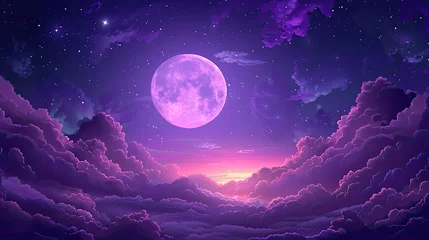 Gordijnen Purple gradient mystical moonlight sky with clouds and stars © positfid