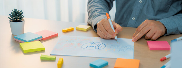Skilled businessman brainstorms marketing ideas using mind maps. Successful male startup leader...