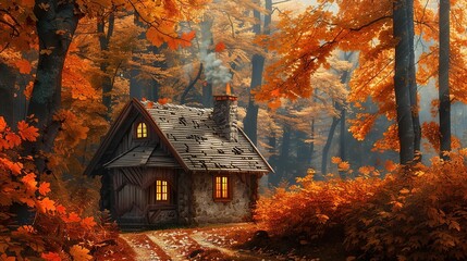 A small house with a chimney sits in a forest of trees. The leaves are orange and the sky is blue generative ai - obrazy, fototapety, plakaty