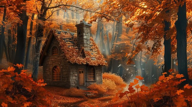 A small house with a chimney sits in a forest of trees. The leaves are orange and the sky is blue generative ai