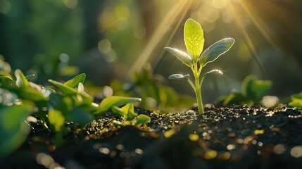 Plant growth, business concept background - Closeup of growing little green sprout appearing from the ground. Awakening of the nature in spring, illuminated by the sun generative ai