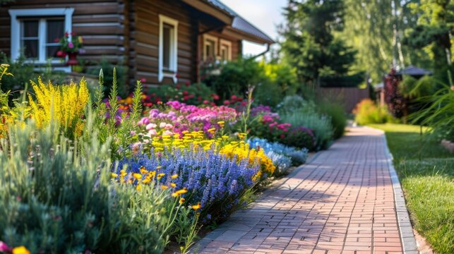 Blooming flowerbeds on farm house backyard. Background concept