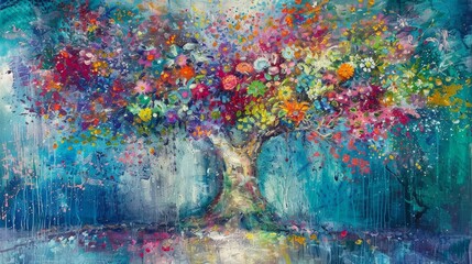 a painting of a tree with lots of colorful flowers on it's trunk and leaves on it's trunk.