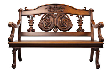 A wooden bench with intricate carvings on the back, showcasing unique patterns and designs