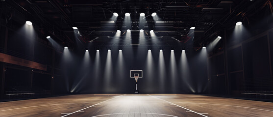 Empty basketball court effectively illuminated by spotlights - obrazy, fototapety, plakaty