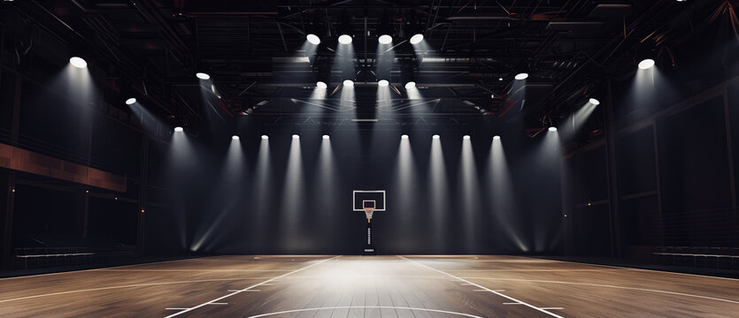 Empty basketball court effectively illuminated by spotlights