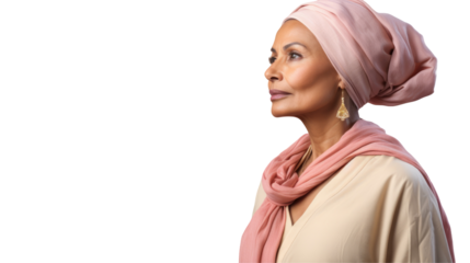 Woman gesturing with pink scarf and earrings against transparent background on transparent