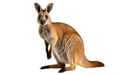 A kangaroo stares intensely at the camera with a white background