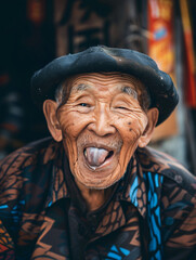 happy old asian grandpa sticking tongue out - obrazy, fototapety, plakaty