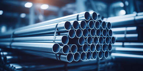 A stack of steel pipes in a warehouse or factory with a blurry background.	
