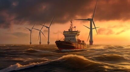 A large barge is carrying a crane to install wind turbine blades at sea. They can only do this when there is little wind and waves. - obrazy, fototapety, plakaty